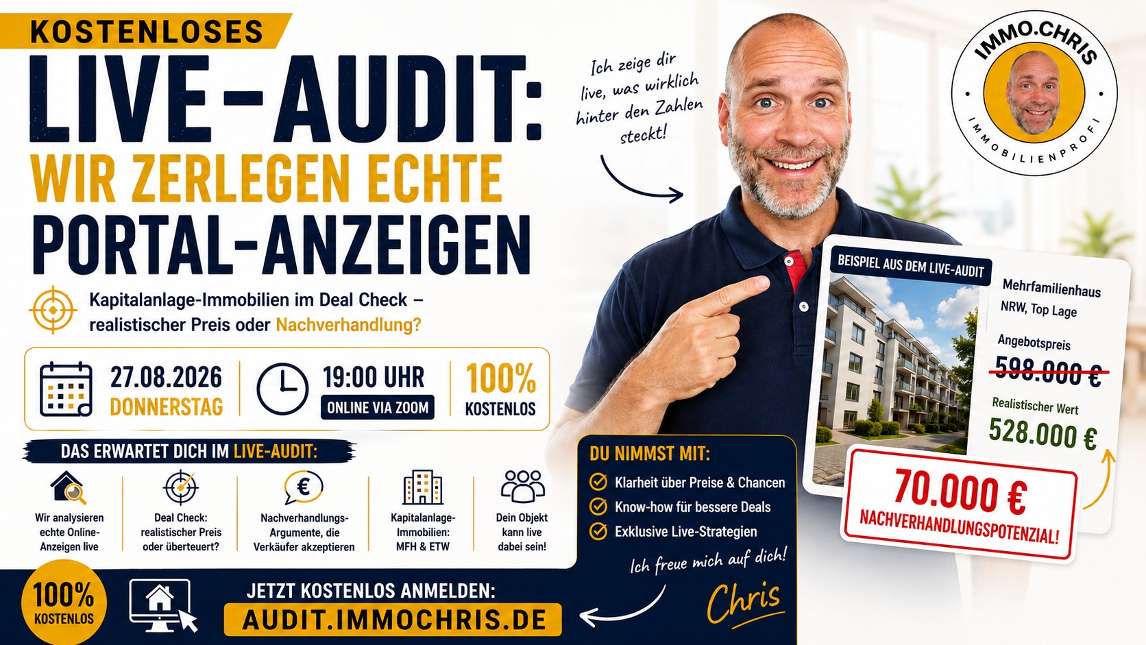 Kostenloses Live-Audit am 27.08.2026 um 19:00 Uhr: Wir zerlegen echte Portal-Anzeigen. Kapitalanlage-Immobilien im Deal Check.
